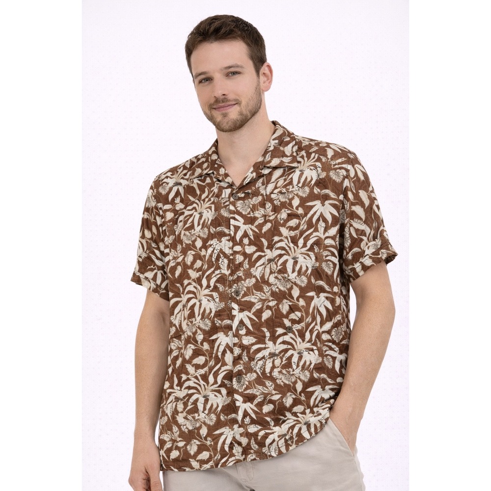 Steve & Barrys Button Up Shirt‎ Mens Large Brown Tropical Floral Rayon Hawaiian
